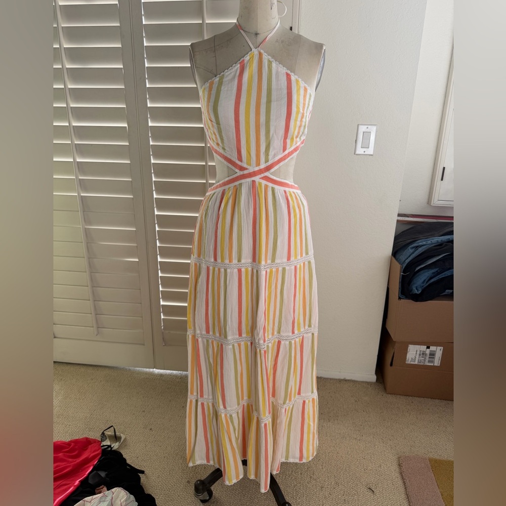 Striped Cutout Maxi Dress in Pastel Yellow & Coral